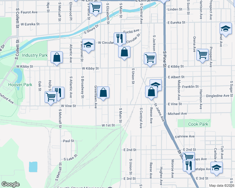 map of restaurants, bars, coffee shops, grocery stores, and more near 790 South Main Street in Lima