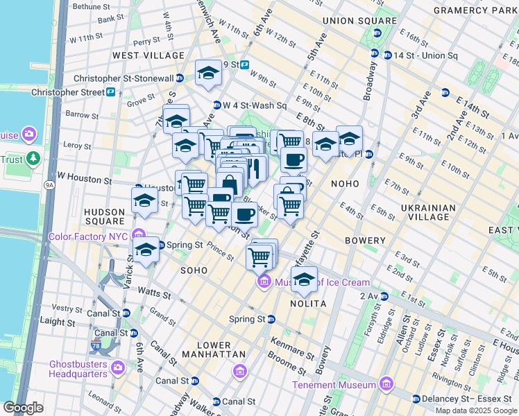map of restaurants, bars, coffee shops, grocery stores, and more near Bleecker Street in New York