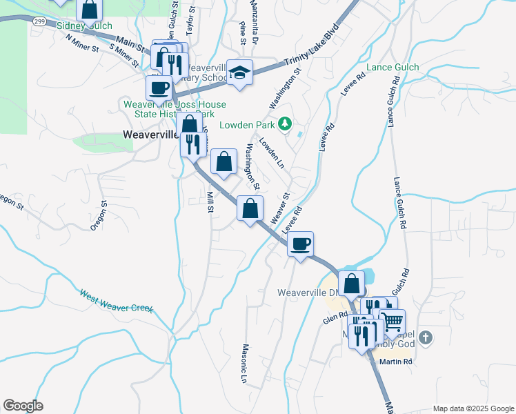 map of restaurants, bars, coffee shops, grocery stores, and more near 1081 Main Street in Weaverville