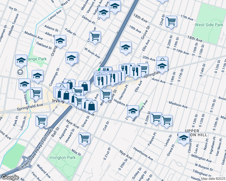 map of restaurants, bars, coffee shops, grocery stores, and more near 857 Springfield Avenue in Irvington