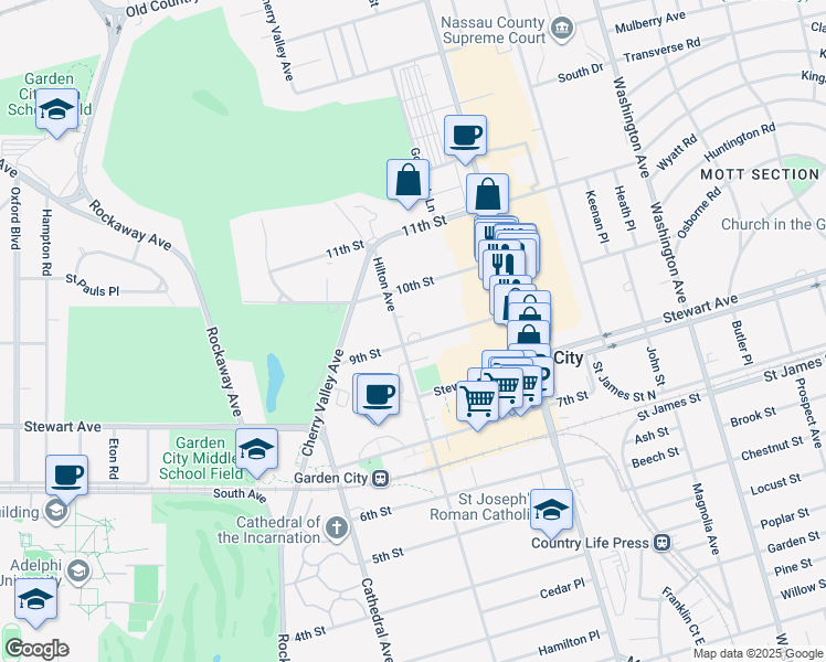 map of restaurants, bars, coffee shops, grocery stores, and more near 113 Hilton Avenue in Garden City