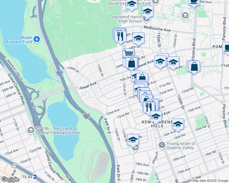 map of restaurants, bars, coffee shops, grocery stores, and more near 137-65 70th Road in Queens