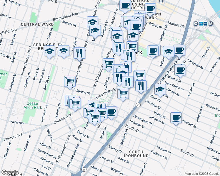 map of restaurants, bars, coffee shops, grocery stores, and more near 11 Lincoln Park in Newark