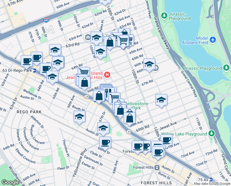 map of restaurants, bars, coffee shops, grocery stores, and more near 102-31 67th Avenue in Queens