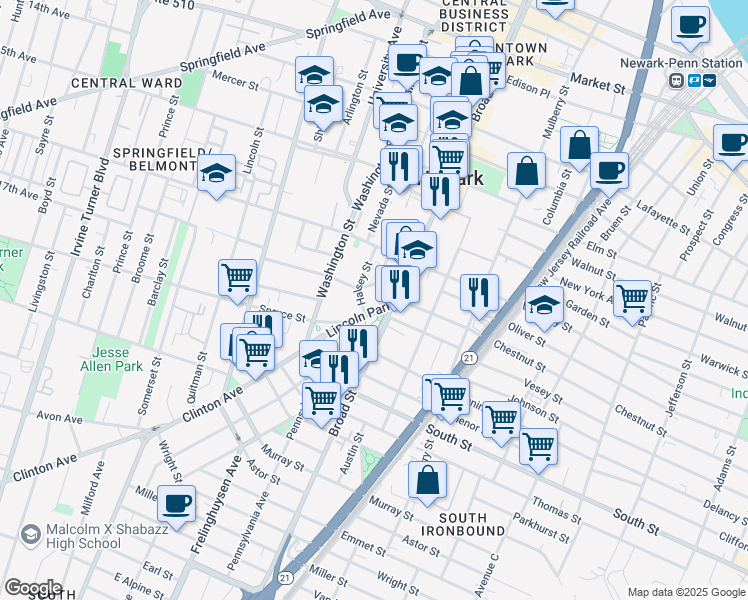 map of restaurants, bars, coffee shops, grocery stores, and more near 11 Lincoln Park in Newark