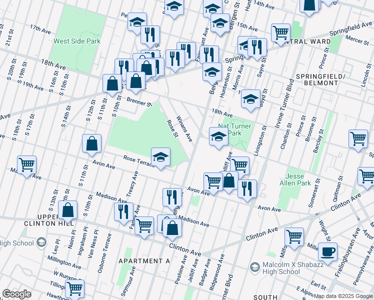 map of restaurants, bars, coffee shops, grocery stores, and more near 217 Rose Street in Newark