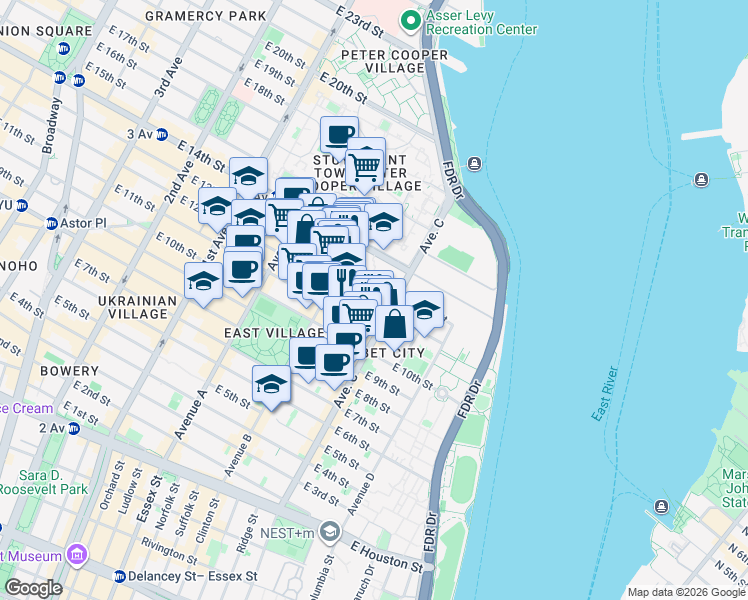 map of restaurants, bars, coffee shops, grocery stores, and more near 635 East 12th Street in New York
