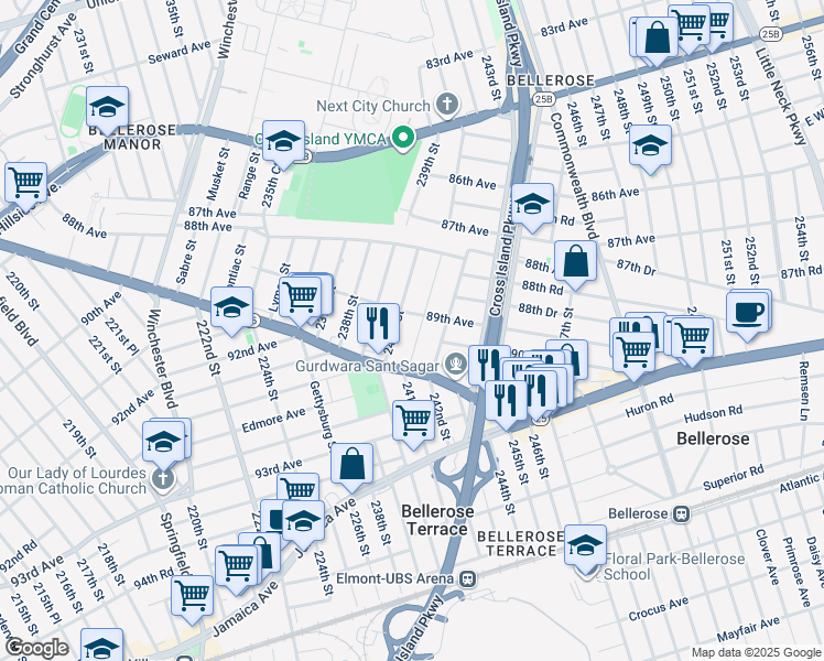 map of restaurants, bars, coffee shops, grocery stores, and more near 88-61 241st Street in Queens