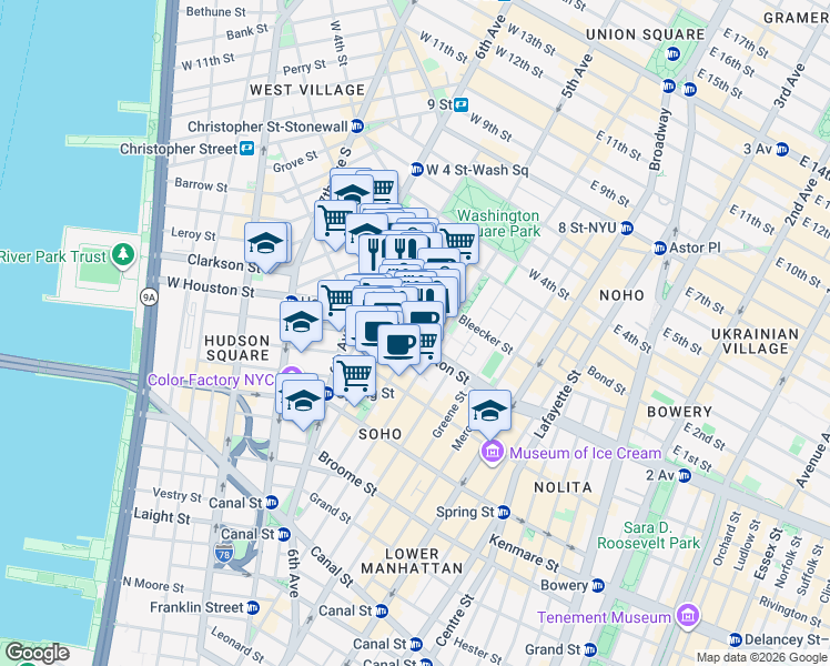 map of restaurants, bars, coffee shops, grocery stores, and more near 108 West Houston Street in New York