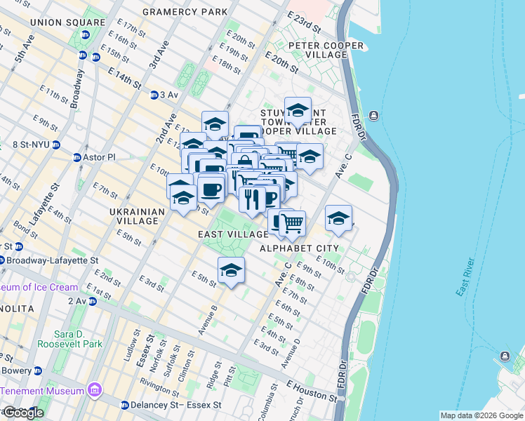 map of restaurants, bars, coffee shops, grocery stores, and more near 567 East 11th Street in New York