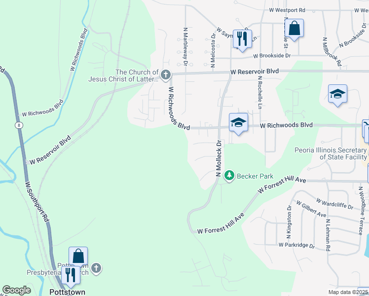 map of restaurants, bars, coffee shops, grocery stores, and more near 3442 West Villa Ridge in Peoria