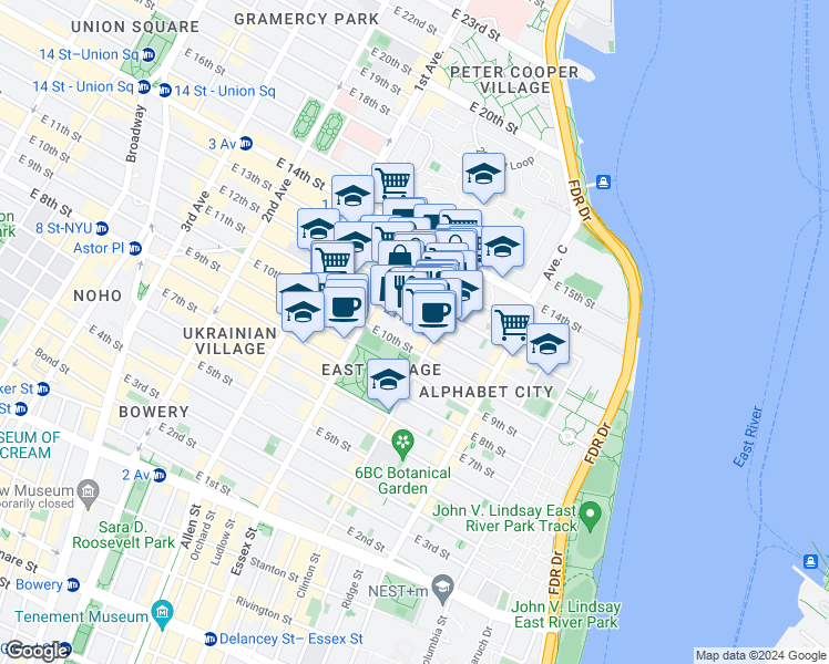map of restaurants, bars, coffee shops, grocery stores, and more near 538 East 11th Street in New York