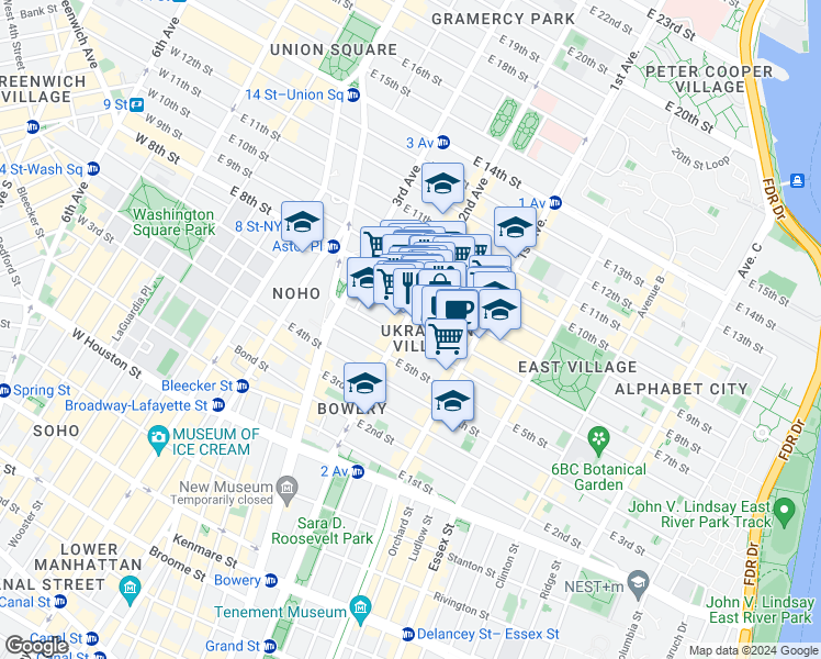 map of restaurants, bars, coffee shops, grocery stores, and more near 110 2nd Avenue in New York