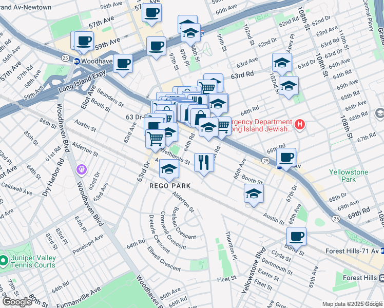 map of restaurants, bars, coffee shops, grocery stores, and more near 49 66th Road in Queens