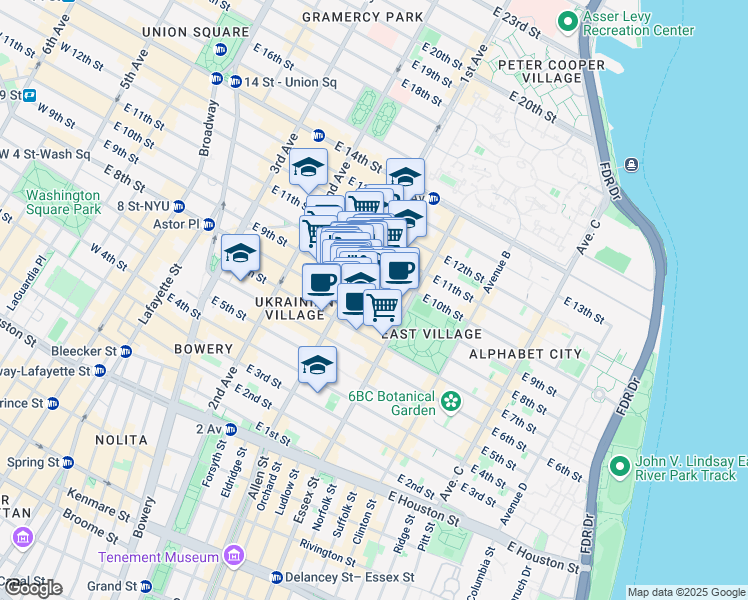 map of restaurants, bars, coffee shops, grocery stores, and more near 418 East 9th Street in New York