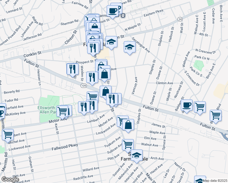 map of restaurants, bars, coffee shops, grocery stores, and more near 42 Richard Street in Farmingdale
