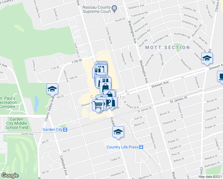 map of restaurants, bars, coffee shops, grocery stores, and more near 365 Stewart Avenue in Garden City