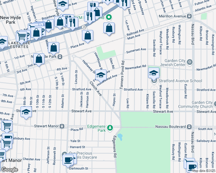 map of restaurants, bars, coffee shops, grocery stores, and more near 2 Homestead Avenue in Garden City