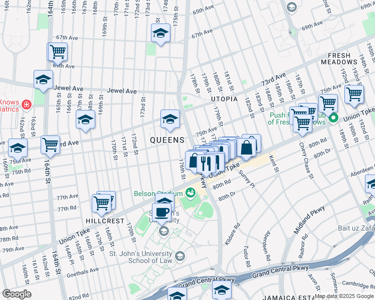 map of restaurants, bars, coffee shops, grocery stores, and more near 75-17 Utopia Parkway in Queens