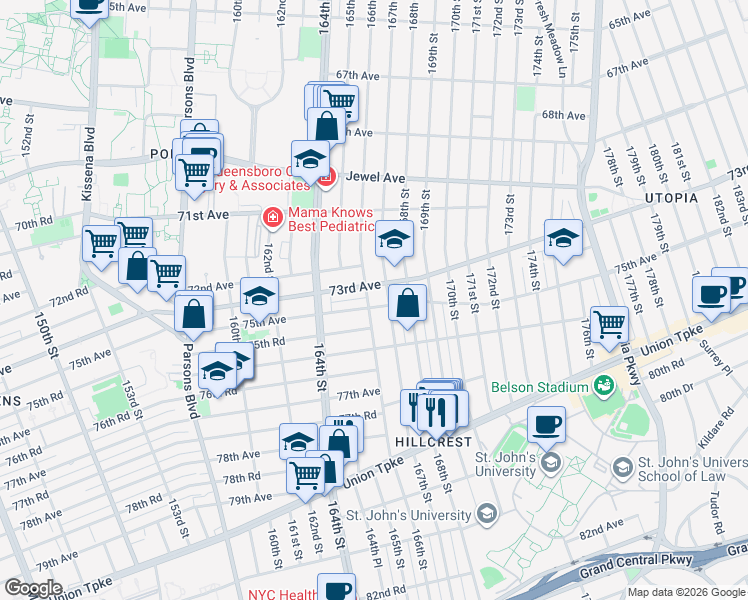 map of restaurants, bars, coffee shops, grocery stores, and more near 166-04 73rd Avenue in Queens