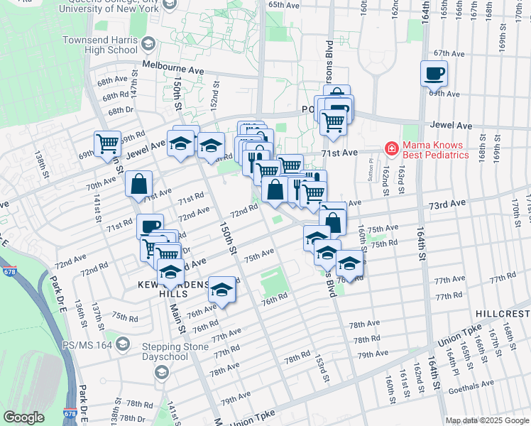 map of restaurants, bars, coffee shops, grocery stores, and more near 153-47 72nd Road in Queens
