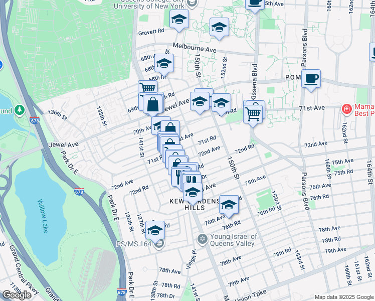 map of restaurants, bars, coffee shops, grocery stores, and more near 71-07 Vleigh Place in Queens