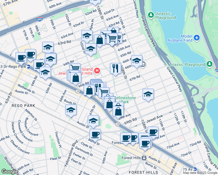 map of restaurants, bars, coffee shops, grocery stores, and more near 67-12 Yellowstone Boulevard in Queens