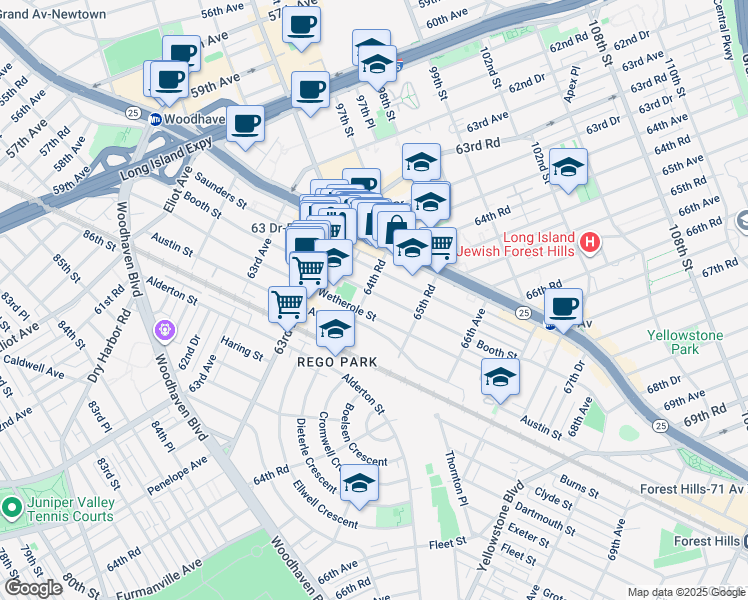 map of restaurants, bars, coffee shops, grocery stores, and more near 94-19 64th Road in Queens