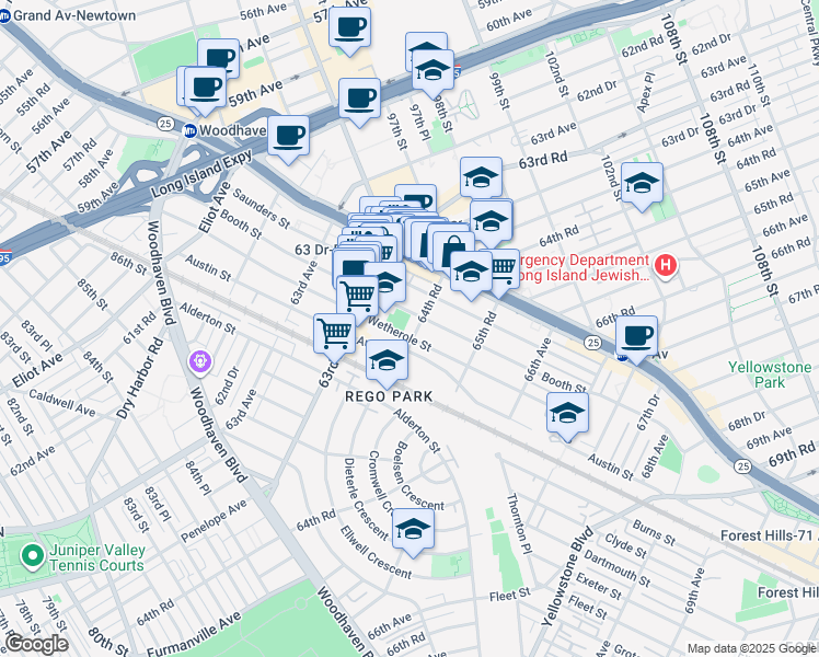 map of restaurants, bars, coffee shops, grocery stores, and more near 94-19 64th Road in Queens