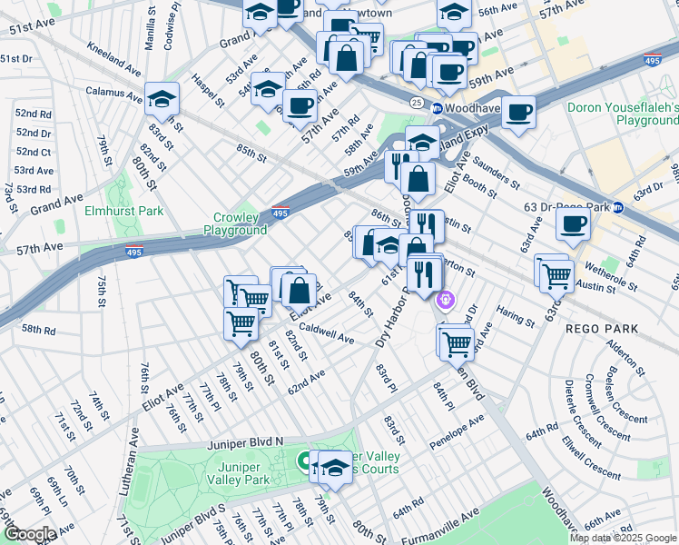 map of restaurants, bars, coffee shops, grocery stores, and more near 84-13 60th Drive in Queens