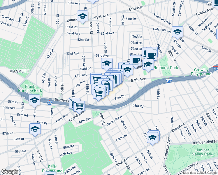 map of restaurants, bars, coffee shops, grocery stores, and more near 7009 Grand Avenue in Queens