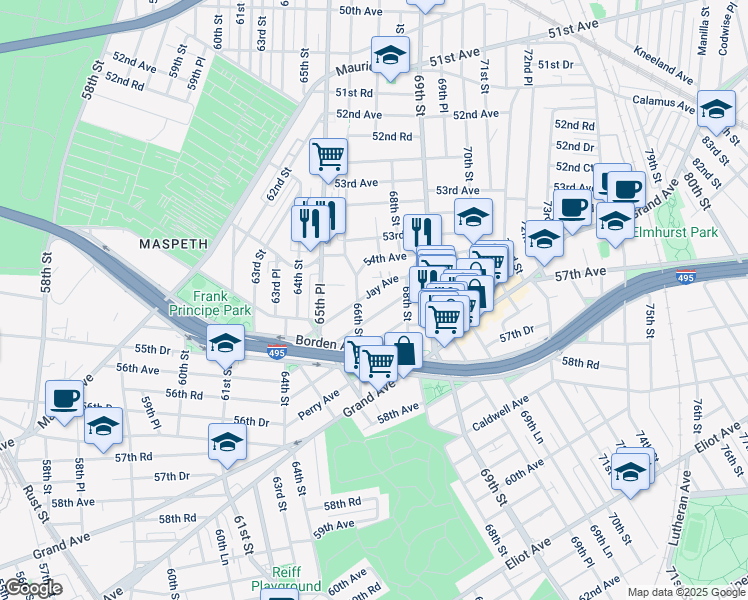 map of restaurants, bars, coffee shops, grocery stores, and more near 66-38 Jay Avenue in Queens