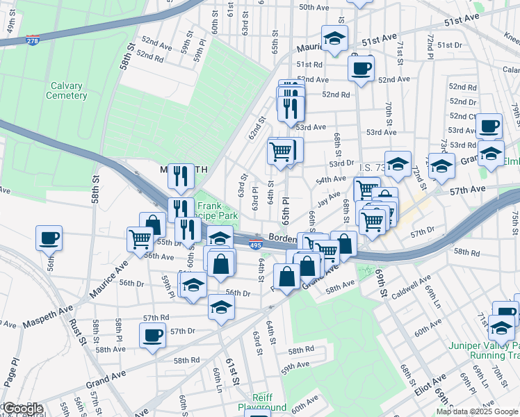 map of restaurants, bars, coffee shops, grocery stores, and more near 54-35 63rd Place in Queens