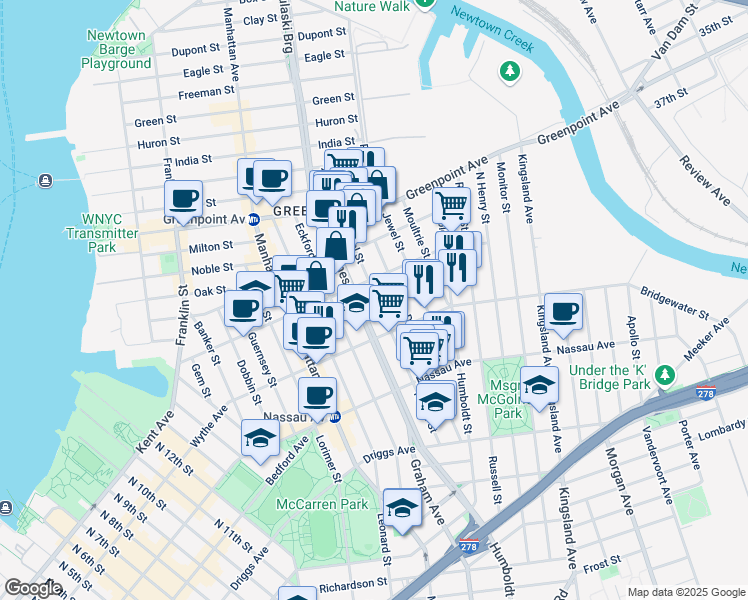 map of restaurants, bars, coffee shops, grocery stores, and more near 167 Diamond Street in Brooklyn