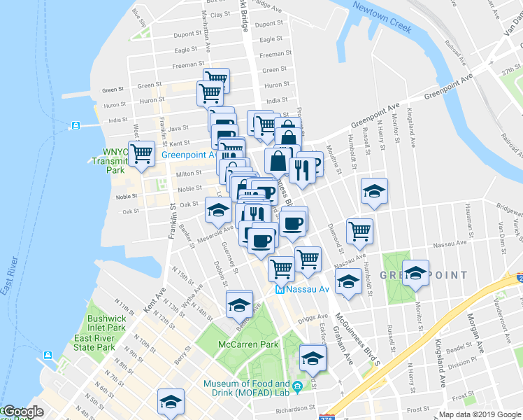 map of restaurants, bars, coffee shops, grocery stores, and more near 257 Eckford Street in Brooklyn