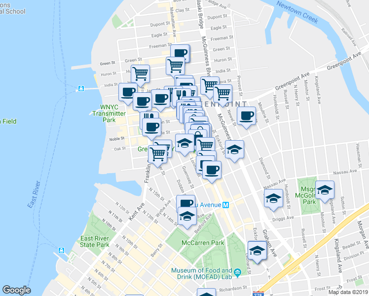 map of restaurants, bars, coffee shops, grocery stores, and more near 1095 Lorimer Street in Brooklyn