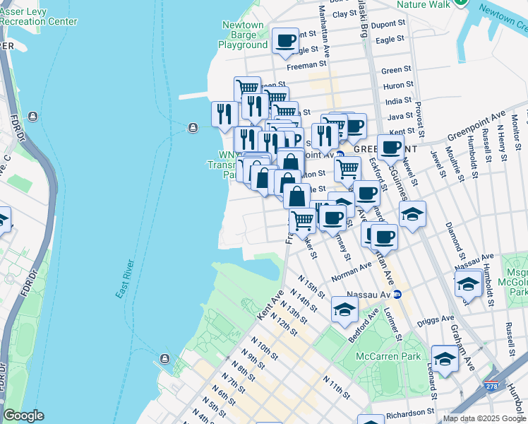 map of restaurants, bars, coffee shops, grocery stores, and more near 42 West Street in Brooklyn