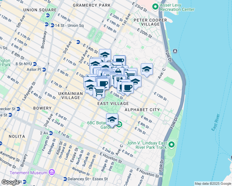 map of restaurants, bars, coffee shops, grocery stores, and more near 502 East 11th Street in New York