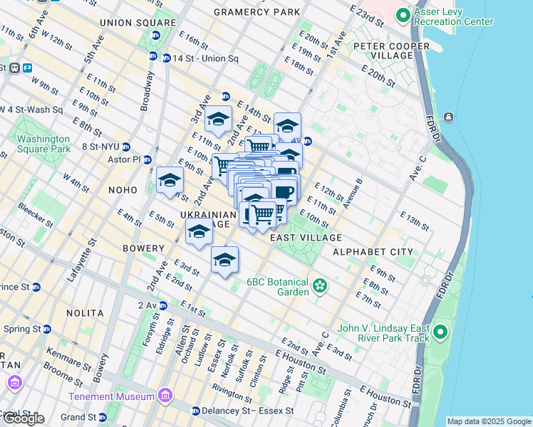 map of restaurants, bars, coffee shops, grocery stores, and more near 422 East 9th Street in New York