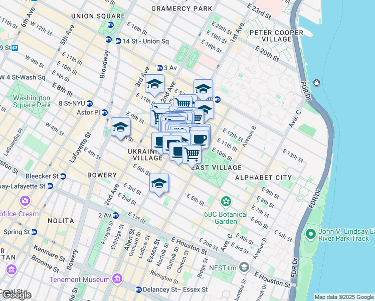 map of restaurants, bars, coffee shops, grocery stores, and more near 246 East 10th Street in New York