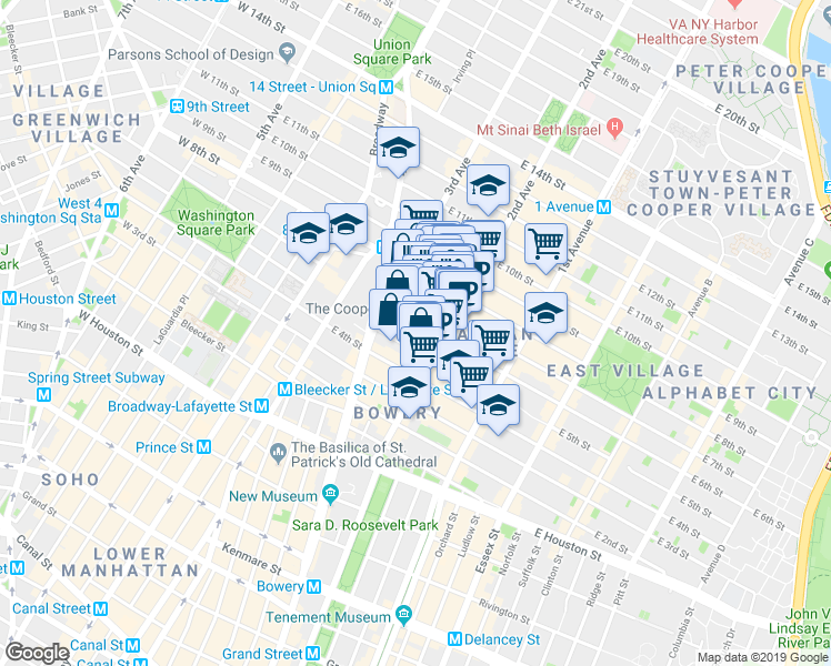 map of restaurants, bars, coffee shops, grocery stores, and more near 40 East 7th Street in New York