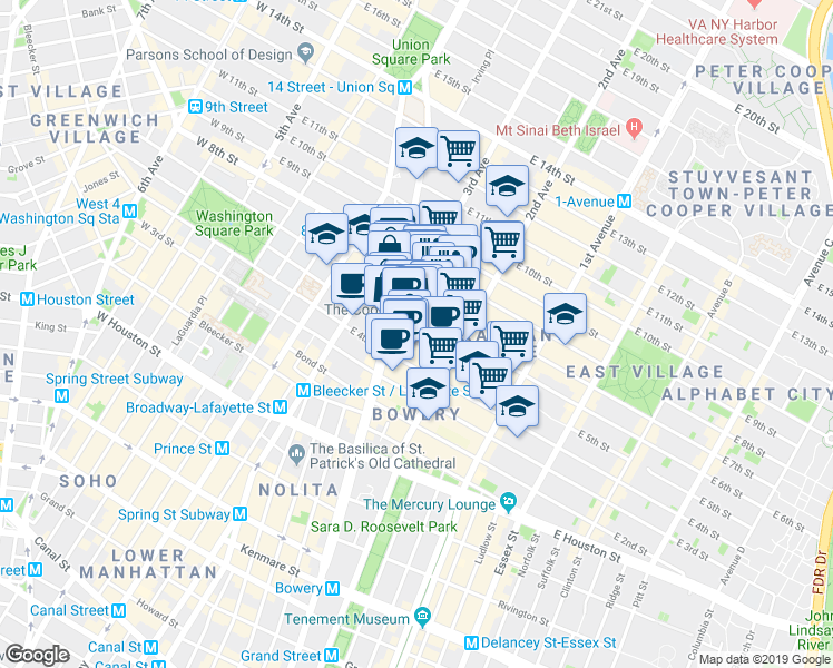 map of restaurants, bars, coffee shops, grocery stores, and more near 31 Cooper Square in New York