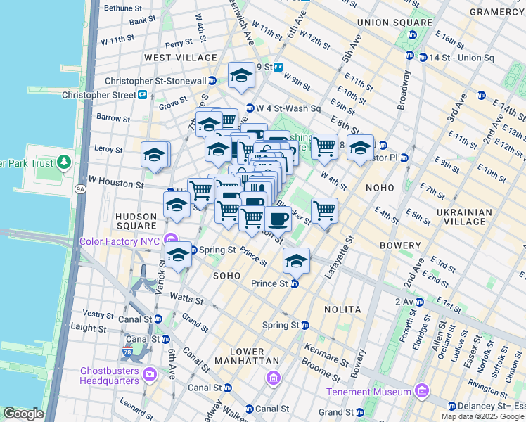 map of restaurants, bars, coffee shops, grocery stores, and more near 510 LaGuardia Place in New York