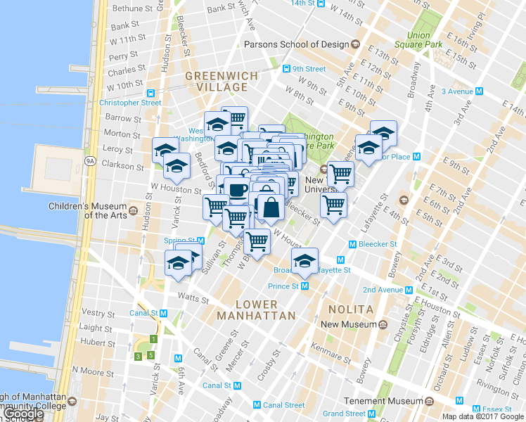 map of restaurants, bars, coffee shops, grocery stores, and more near 145 Bleecker Street in New York