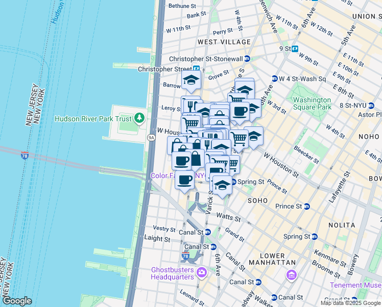 map of restaurants, bars, coffee shops, grocery stores, and more near 375 Hudson Street in New York
