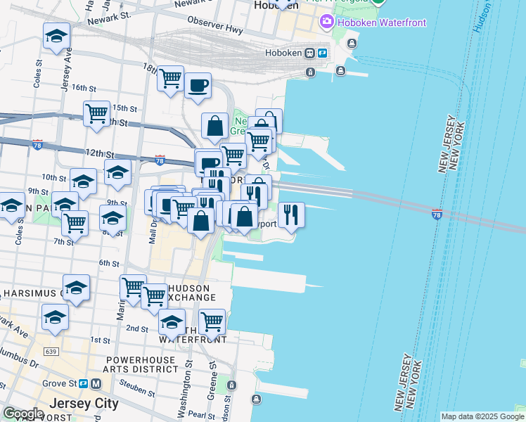 map of restaurants, bars, coffee shops, grocery stores, and more near 35 River Drive South in Jersey City