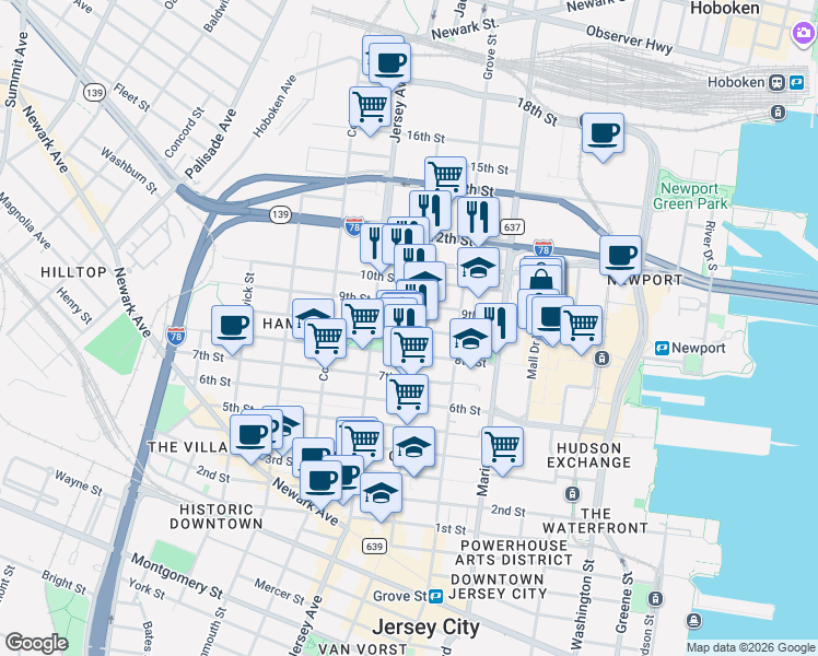 map of restaurants, bars, coffee shops, grocery stores, and more near 158 Erie Street in Jersey City