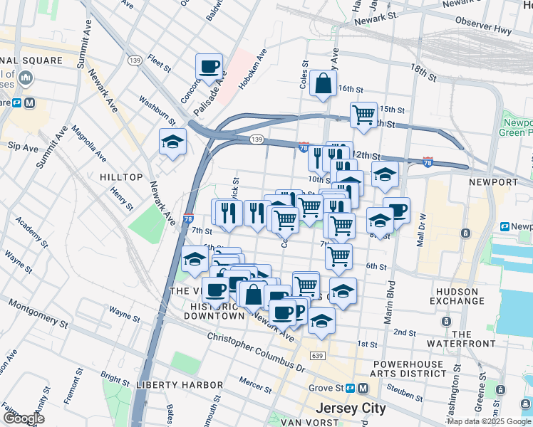map of restaurants, bars, coffee shops, grocery stores, and more near in Jersey City