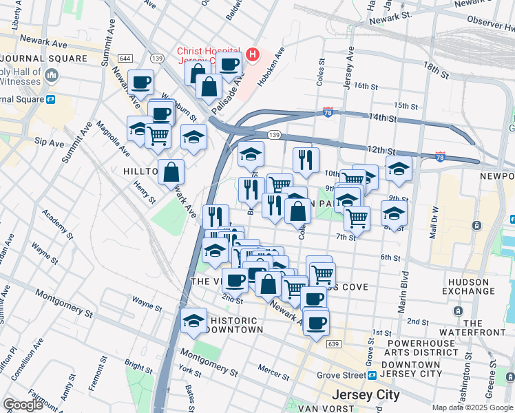 map of restaurants, bars, coffee shops, grocery stores, and more near 231 Brunswick Street in Jersey City