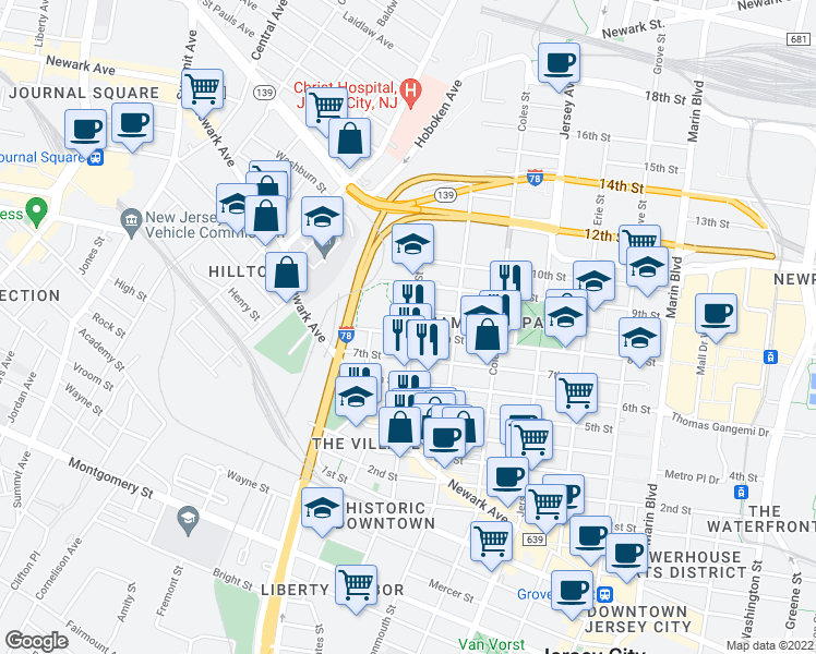 map of restaurants, bars, coffee shops, grocery stores, and more near 231 Brunswick Street in Jersey City
